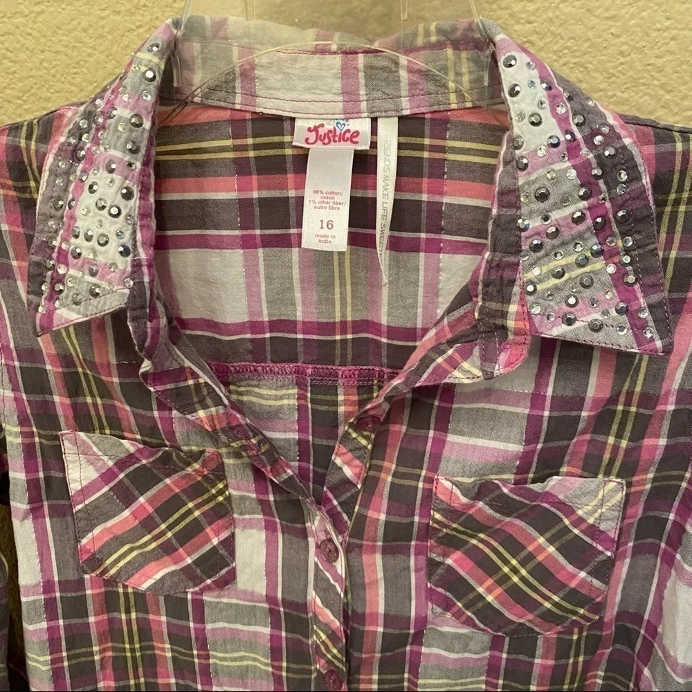 JUSTICE Girls Pink Plaid Embellished Collar Top Size 16